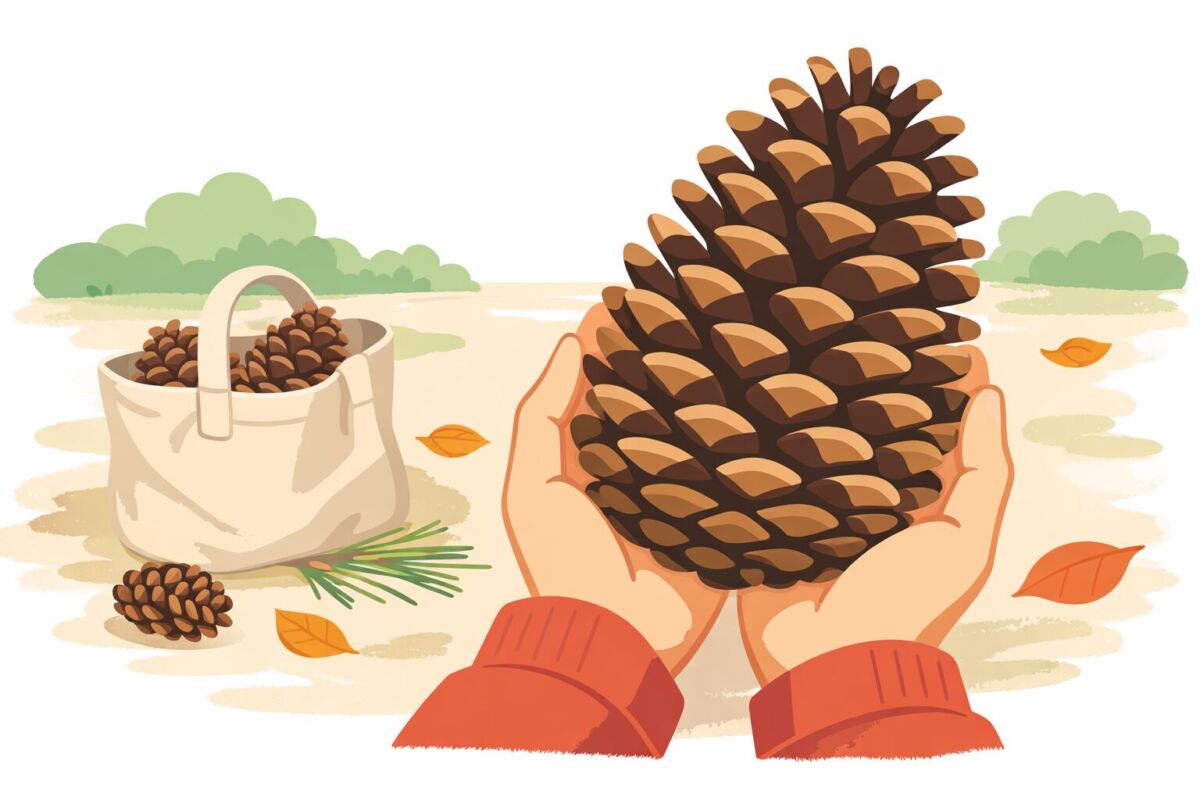 愛知で拾える大きい松ぼっくりを手に持ち、公園で自然散策を楽しむイメージ