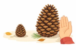 小さな松ぼっくりと大きい松ぼっくりを手のひらと並べて大きさを比較するイメージ