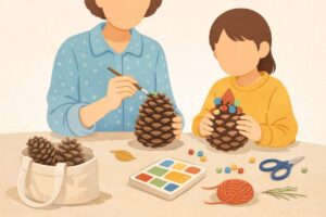 親子で松ぼっくりに色を塗ったり飾り付けたりしてアートを楽しむ工作イメージ