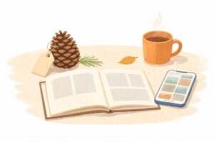 拾った松ぼっくりをタグや写真と一緒に記録して思い出として残すイメージ