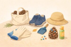 松ぼっくり拾いに必要な軍手や袋、帽子などの持ち物をそろえた準備イメージ