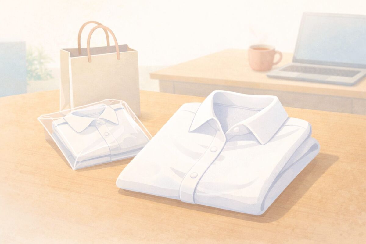 コンビニで購入できる女性用ワイシャツをデスクの上に置いたビジネス朝のイメージ