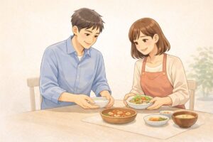一緒に料理をしながら関係を深める様子のイラスト