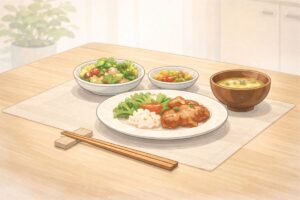 手料理が並んだ穏やかな食卓のイラスト