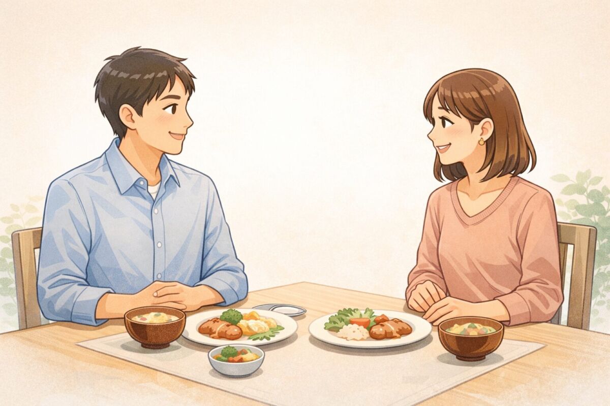 手料理を囲んで穏やかに会話する二人のイラスト