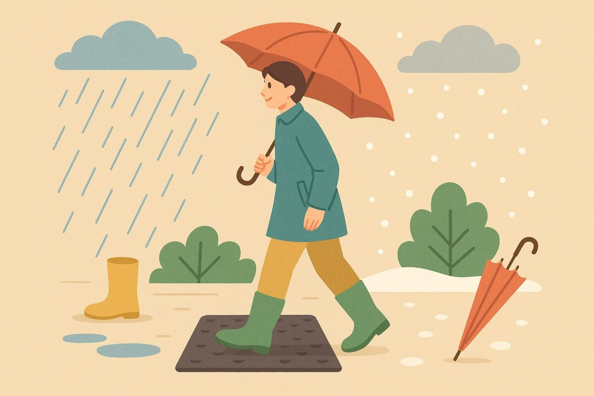 雨や雪の日の移動に注意を促す柔らかな雰囲気のイラスト