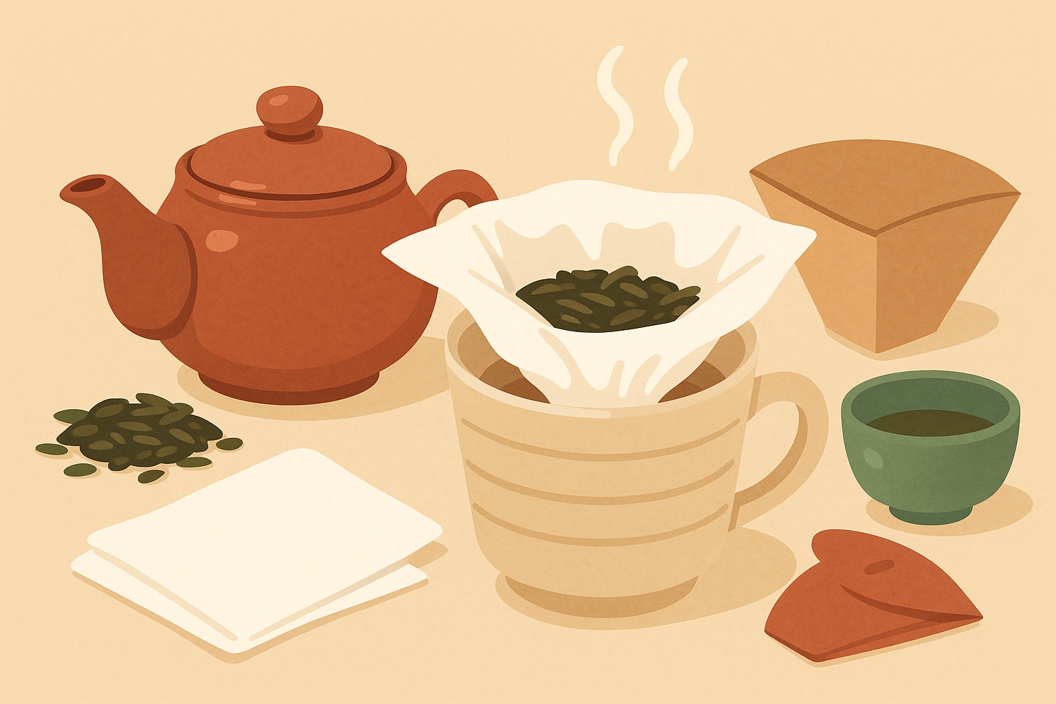 キッチンペーパーを茶こし代わりに使うイメージのイラスト