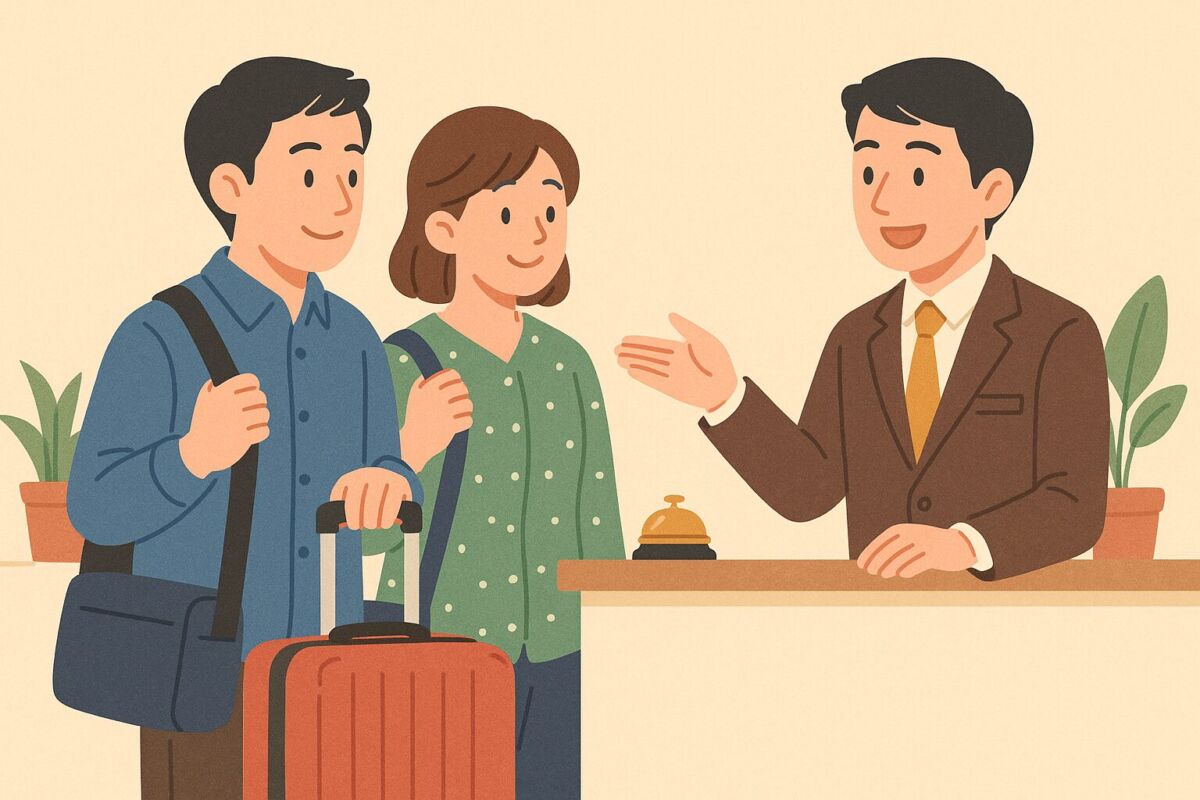 ホテルのフロントで安心してチェックインする旅行者のイラスト