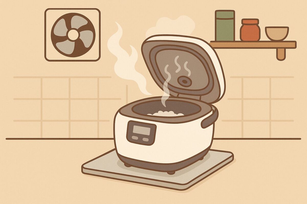 炊飯器の蒸気と珪藻土アイテムで清潔なキッチンを守るイメージ