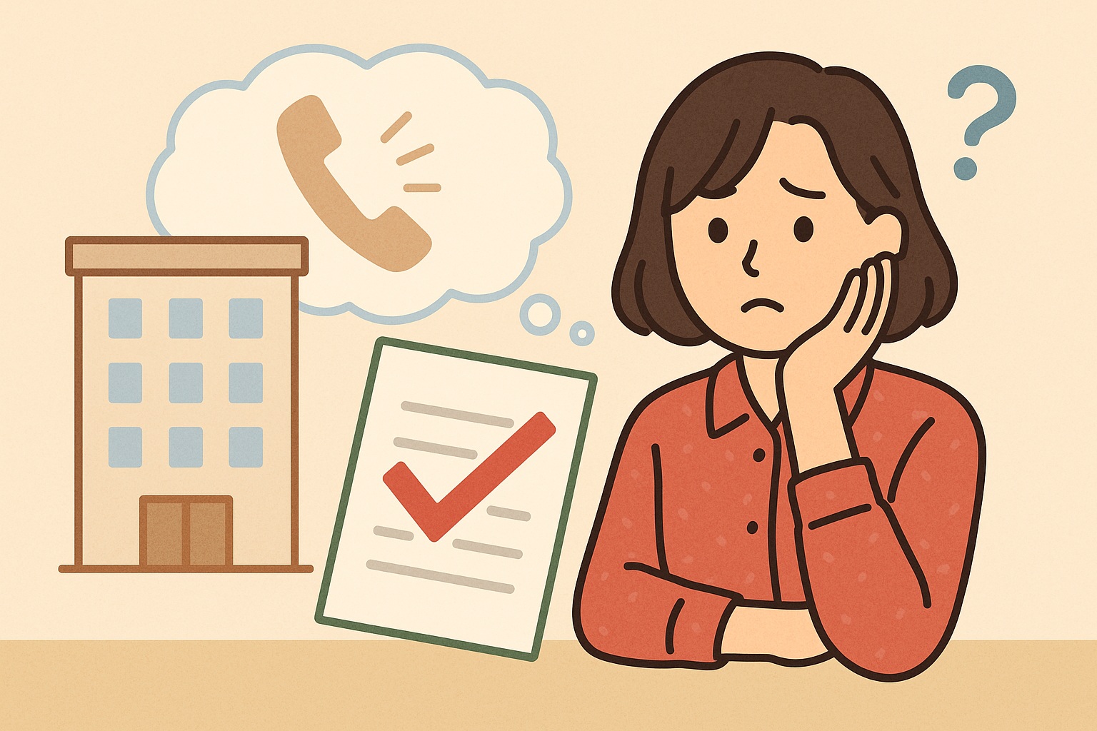 賃貸審査通過後に連絡がなく不安を感じる場面をイメージした建物と書類のイラスト