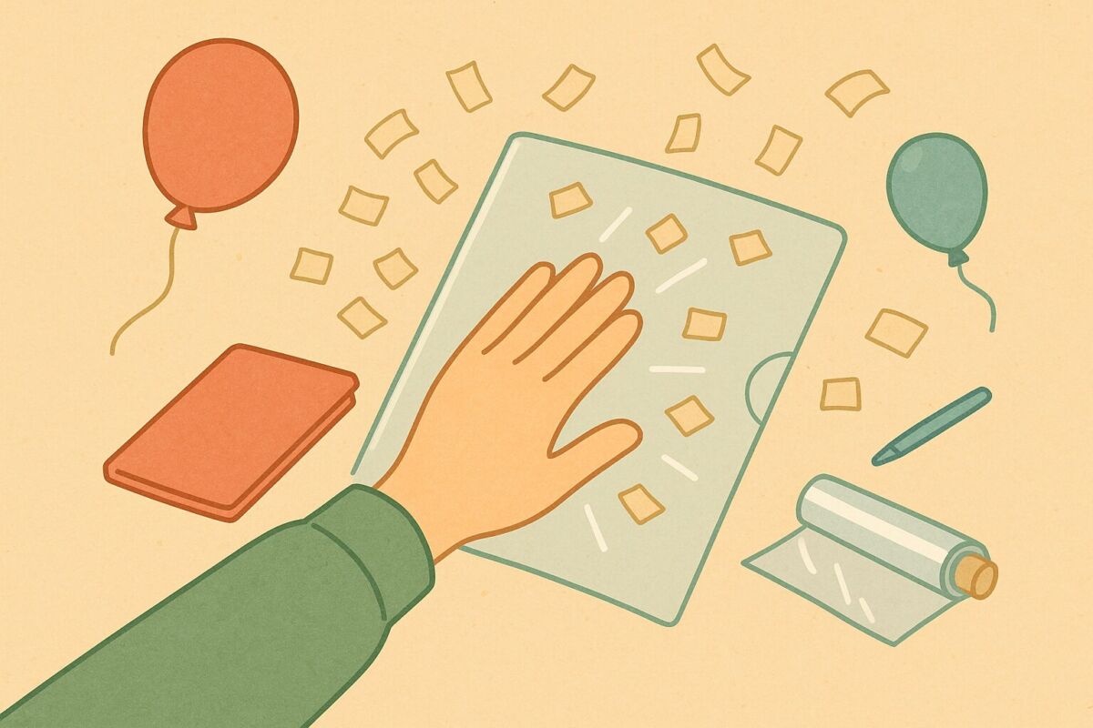 クリアファイルで静電気実験を楽しむ様子をイメージしたイラスト