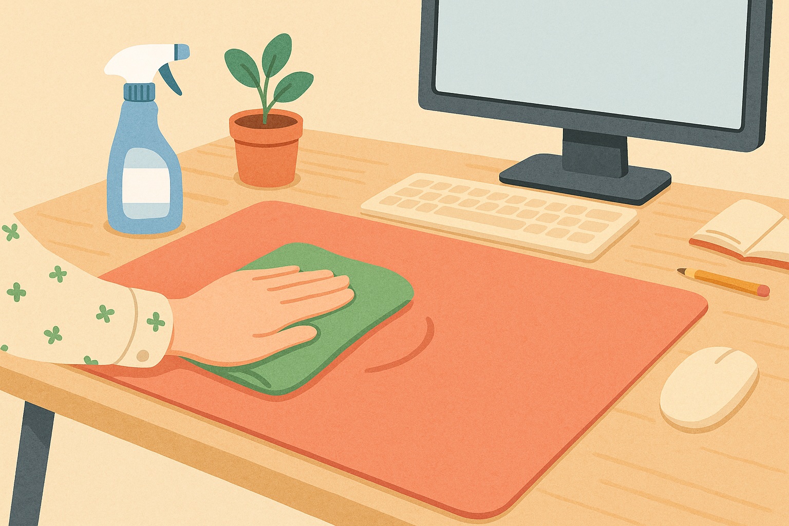 清潔で明るい雰囲気のデスクとデスクマットを中心に描いたフラットデザイン風イラスト