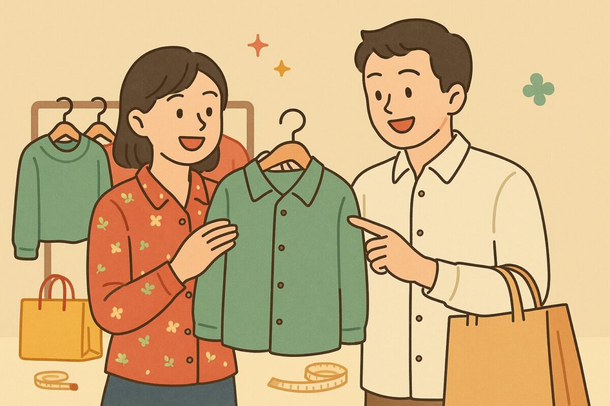 H&Mの服を楽しそうに選ぶ若い男女のイラスト