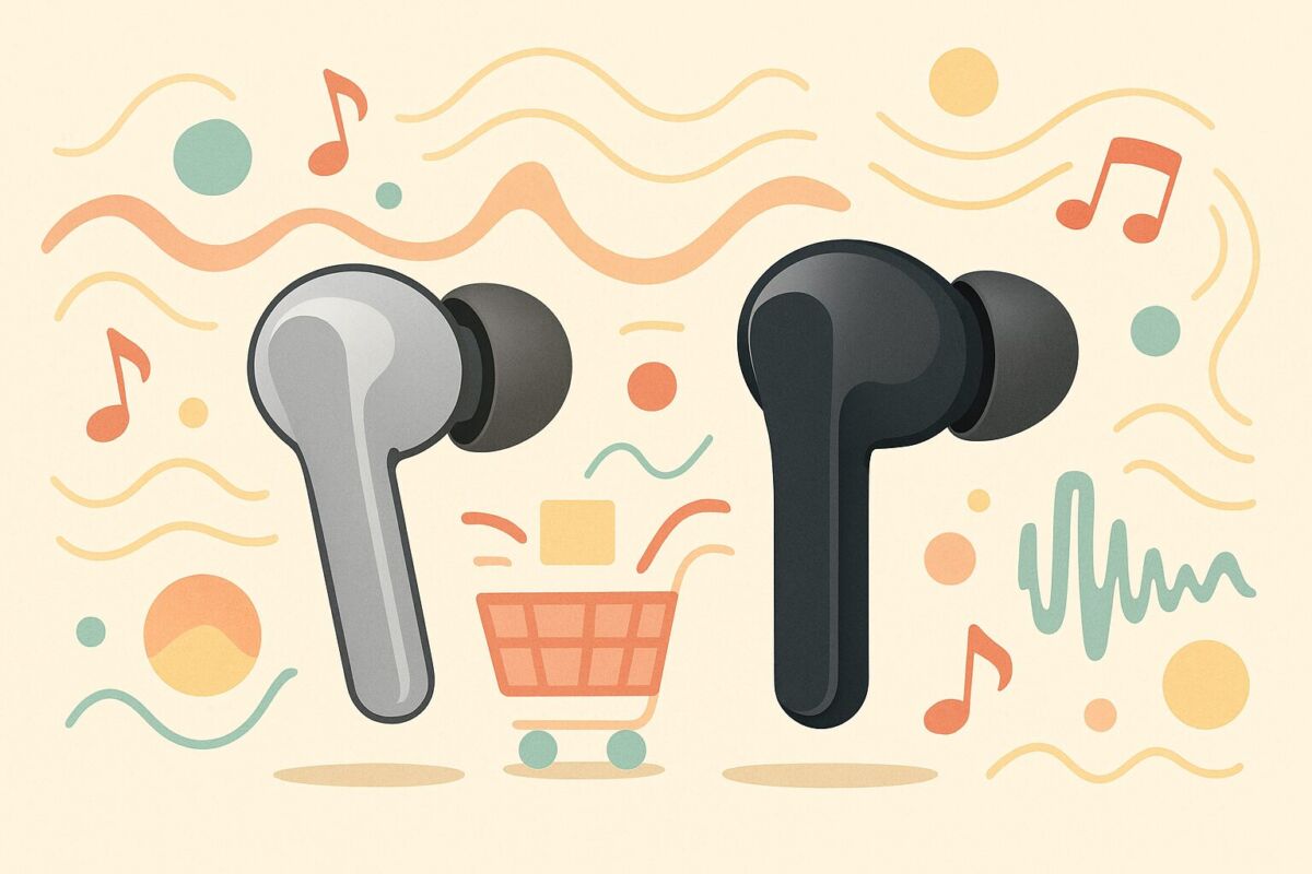 JBL TOUR PRO 3とPRO 2を比較するイメージ。中央にイヤホンを配置し、背景に音波や音楽を象徴する抽象的な要素を描いたイラスト。