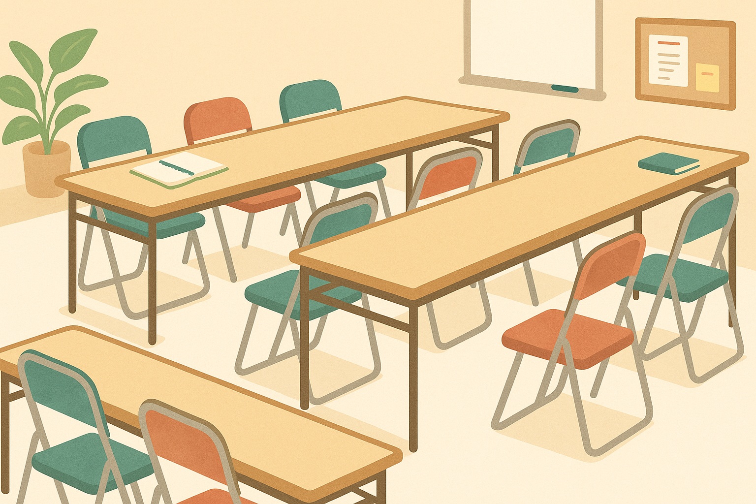 長机と椅子が整然と並ぶ会議室のイラスト。フラットデザイン風で和風の柔らかい色合い