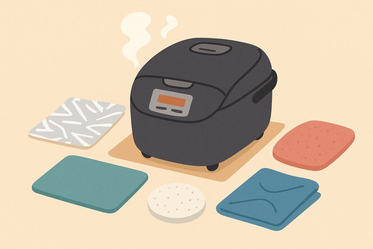 炊飯器の蒸気対策をテーマにした、100均グッズを使った明るく親しみやすいイメージイラスト