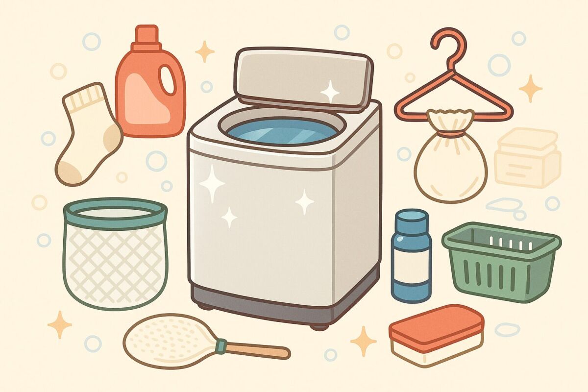 清潔な洗濯槽を中心に、ゴミすくいネットや代用品が並ぶイメージイラスト