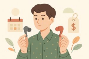 2つのイヤホンを並べて比較するイメージ。片方はクラシックな形状、もう片方はスタイリッシュで新しいデザイン。