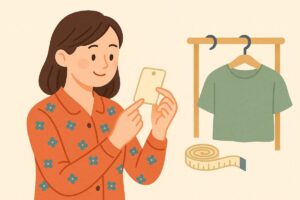 洋服タグを見てサイズを確認する女性のイラスト