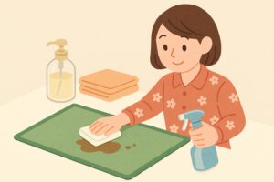 中性洗剤と布を使ってデスクマットを丁寧に拭いているイラスト