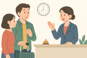 チェックインで時間を気にする旅行者のイラスト