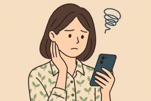 賃貸審査後に不安を感じてスマホを見る女性のイラスト
