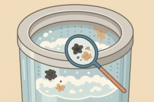 洗濯槽の中にカビや汚れが発生し、ゴミすくいネットで取り除く様子のイラスト