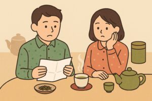 お茶を飲もうとして茶こしがなく困る場面のイラスト