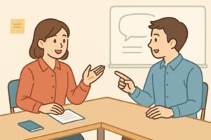 会議で発言する男女が、長机を囲んで話しているイラスト。親しみやすい雰囲気