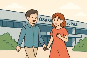 大阪城ホール入口でイベントに向かう男女のイラスト