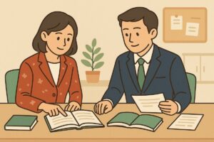 敬語の基本を学ぶビジネスパーソンのイラスト