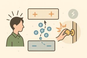 静電気の仕組みをイメージした電子の移動やプラスマイナスのバランスを描いた図解風イラスト