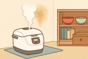 炊飯器の蒸気が壁や棚に当たり、劣化やカビが起きる様子を説明的に描いたイラスト