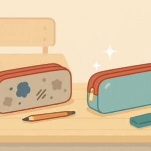 汚れたビニール筆箱と、きれいに掃除された筆箱を対比させたイラスト