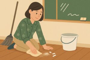 タオルで床を拭く女性と掃除道具のイラスト