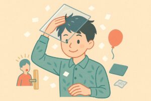 クリアファイルを髪にこすり、紙片が吸い寄せられる様子を表したイラスト