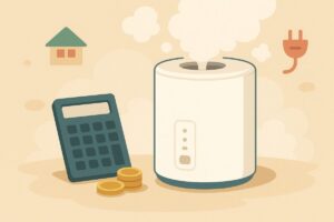 EE-DE50の電気代を試算する電卓と加湿器のイラスト