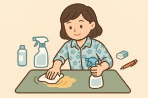 日差しを避けてデスクマットを手入れしている様子を描いたイラスト