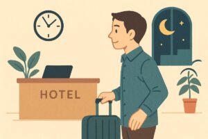 深夜にホテルへ到着している旅行者のイラスト