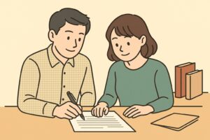 賃貸契約の重要ステップとして契約書にサインするカップルのイラスト