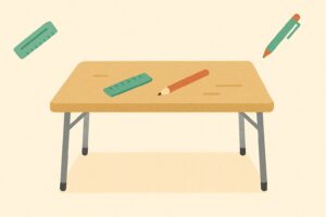 長机の上に物差しやペンが置かれ、助数詞をイメージさせるイラスト