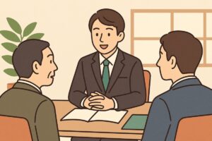 上司やお客様に丁寧に話すビジネスマンのイラスト