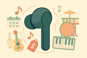 音の広がりや楽器の表現力をイメージしたイラスト。中央にイヤホン、周囲に音符や楽器の抽象的なシンボル。