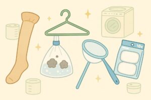 ストッキングやハンガーで作ったネット、100均グッズなどを組み合わせて紹介するイラスト