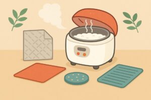 100均で買える蒸気対策グッズを炊飯器と一緒に配置したイラスト