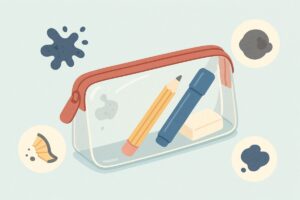 インク、鉛筆の粉、外側の黒ずみをイメージしたビニール筆箱の挿絵