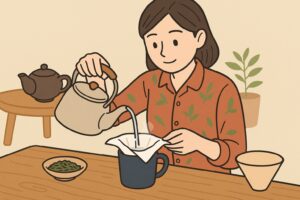 キッチンペーパーを茶こし代わりに使う様子のイラスト