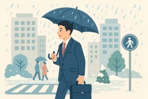 雨や雪の日のビジネスシーンを配慮するオフィス街風景