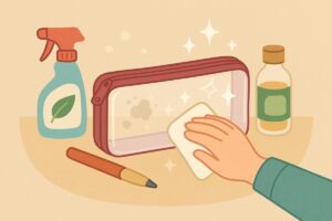 中性洗剤やエタノールを使って筆箱を掃除している様子のイラスト