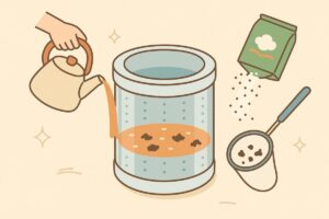 洗濯槽掃除の流れを順番に描いたイメージ図（お湯、過炭酸ナトリウム、ゴミすくい）